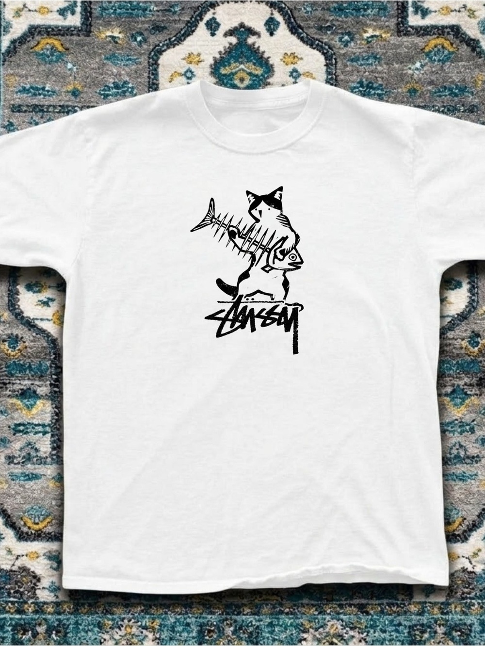 White Graphic Tee with Cat & Fishbone
